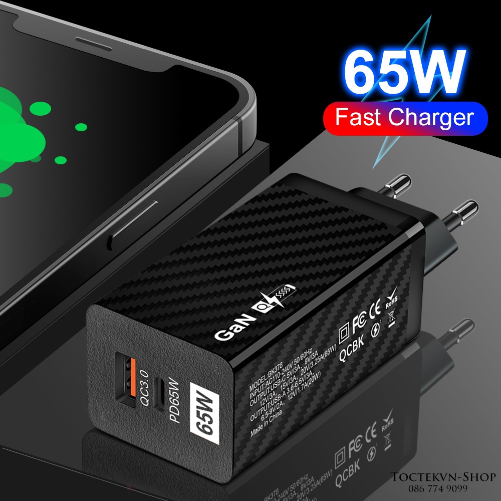Củ Sạc 65W GaN QC 3.0 USB Type C dùng cho laptop, điện thoại các hãng.