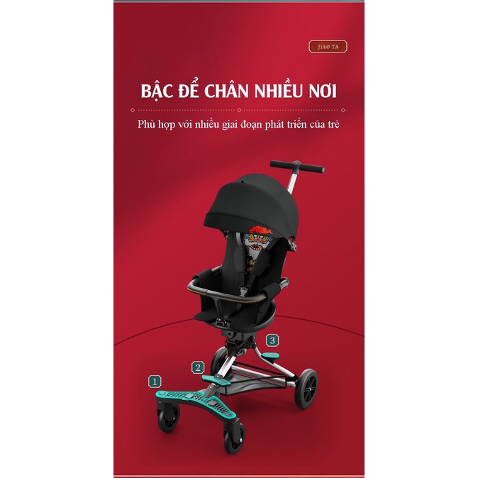 [KHAY ĂN 2 LỚP] Xe đẩy du lịch 4 bánh gấp gọn đảo 2 chiều ngả lưng, tiện lợi mái che lớn, gấp mang đi trên xe máy