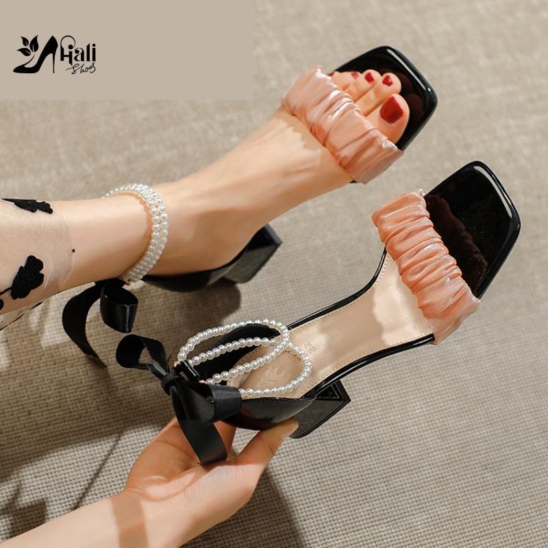Giày cao gót nữ  quai ngọc thắt nơ 5 phân TRẮNG/ĐEN, sandal nữ đế vuông 5 phân trẻ trung cá tính_hh40