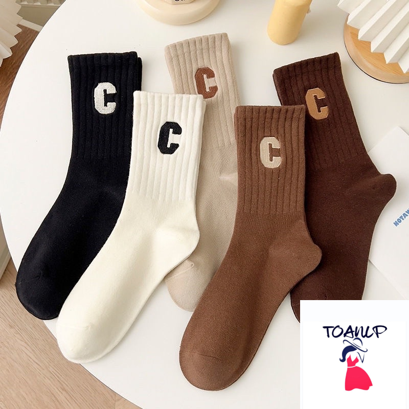 Set 5 Đôi Tất Cao Cổ Tông Nâu Họa Tiết Chữ C Siêu Hot Phong Cách Hàn tt22 chữ c