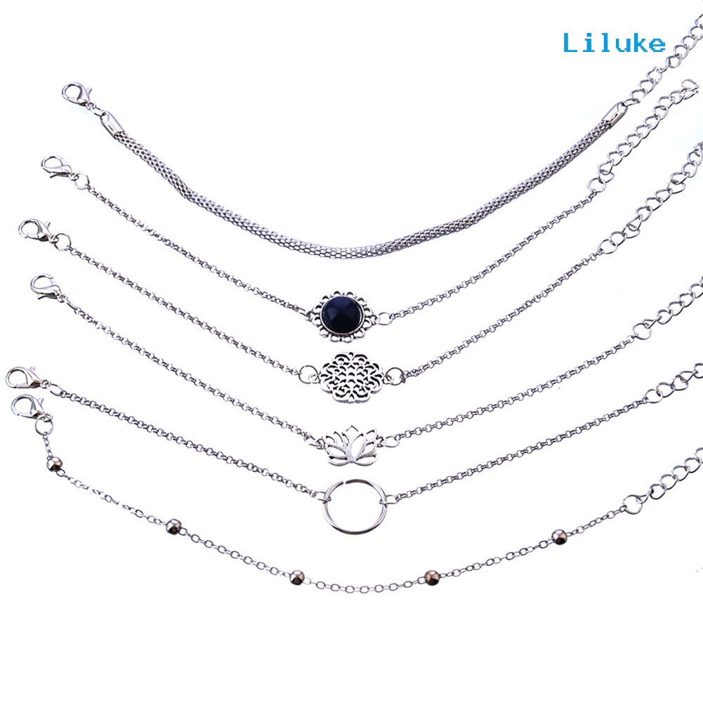 Bộ 6 Vòng Tay Hợp Kim Trang Trí Hoa Sen Đính Đá Thời Trang Cho Nữ