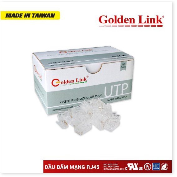 Đầu bấm mạng RJ45 UTP Golden Link CAT 5E (100 đầu/ 1 hộp) - Made in Taiwan - SmartShop