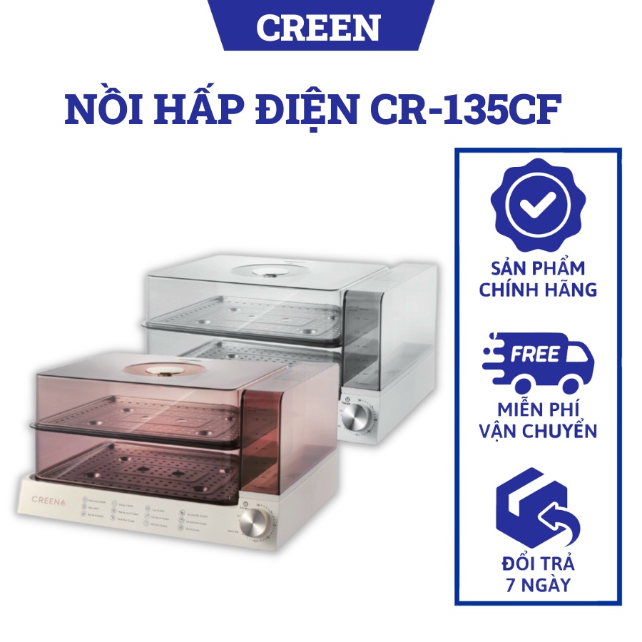 Nồi Hấp Điện 2 tầng Dung Tích 13.5L CREEN CR-135CF, Nồi hấp đa năng hâm nóng thức ăn hấp cách thủy, Bảo hành 12 tháng