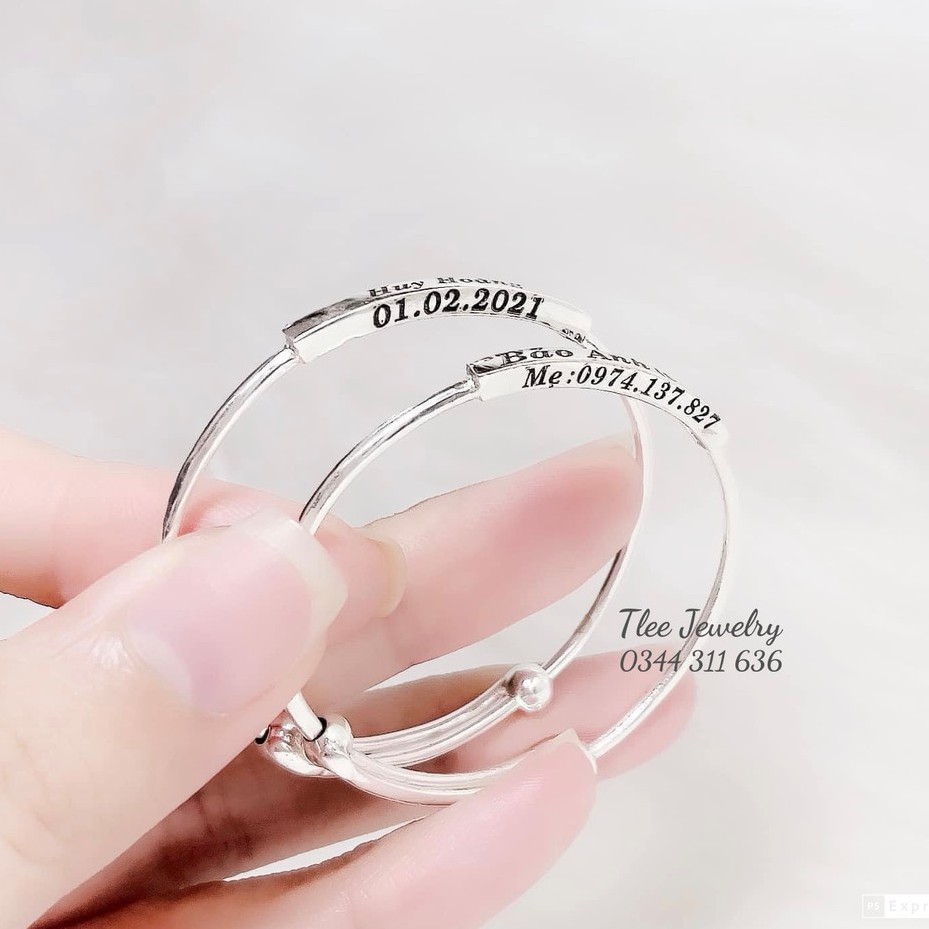Vòng tay bạc Tlee, Kiềng cứng mặt bản vuông bạc 990 chỉnh size khắc laser Free theo yêu cầu- TleeJewelry