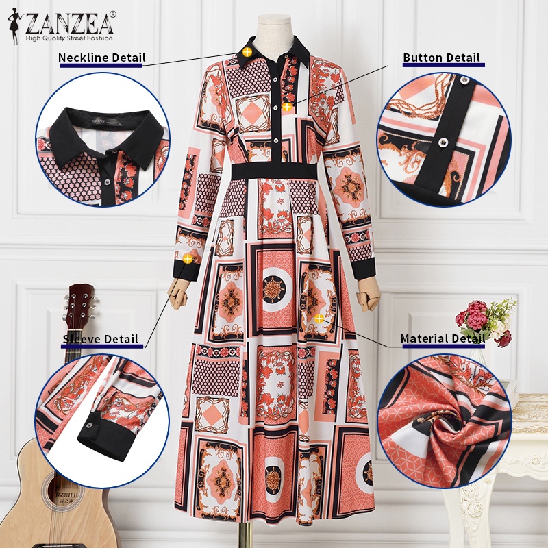 Đầm maxi ZANZEA cổ bẻ in họa tiết phong cách vintage thời trang dành cho nữ