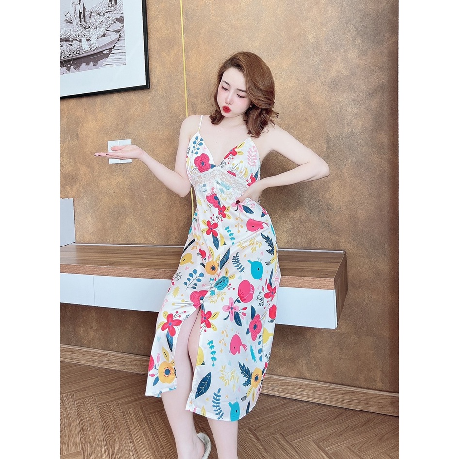 Váy ngủ 2 dây cúp ngực chất lụa Latin phối ren eo dáng suông liền thân xẻ tà S448 - Đồ ngủ cao cấp Vy Linh