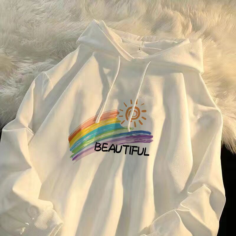 Áo Hoodie Tay Dài Dáng Rộng Màu Trắng In Họa Tiết Thời Trang Mùa Thu Mới Cho Nữ