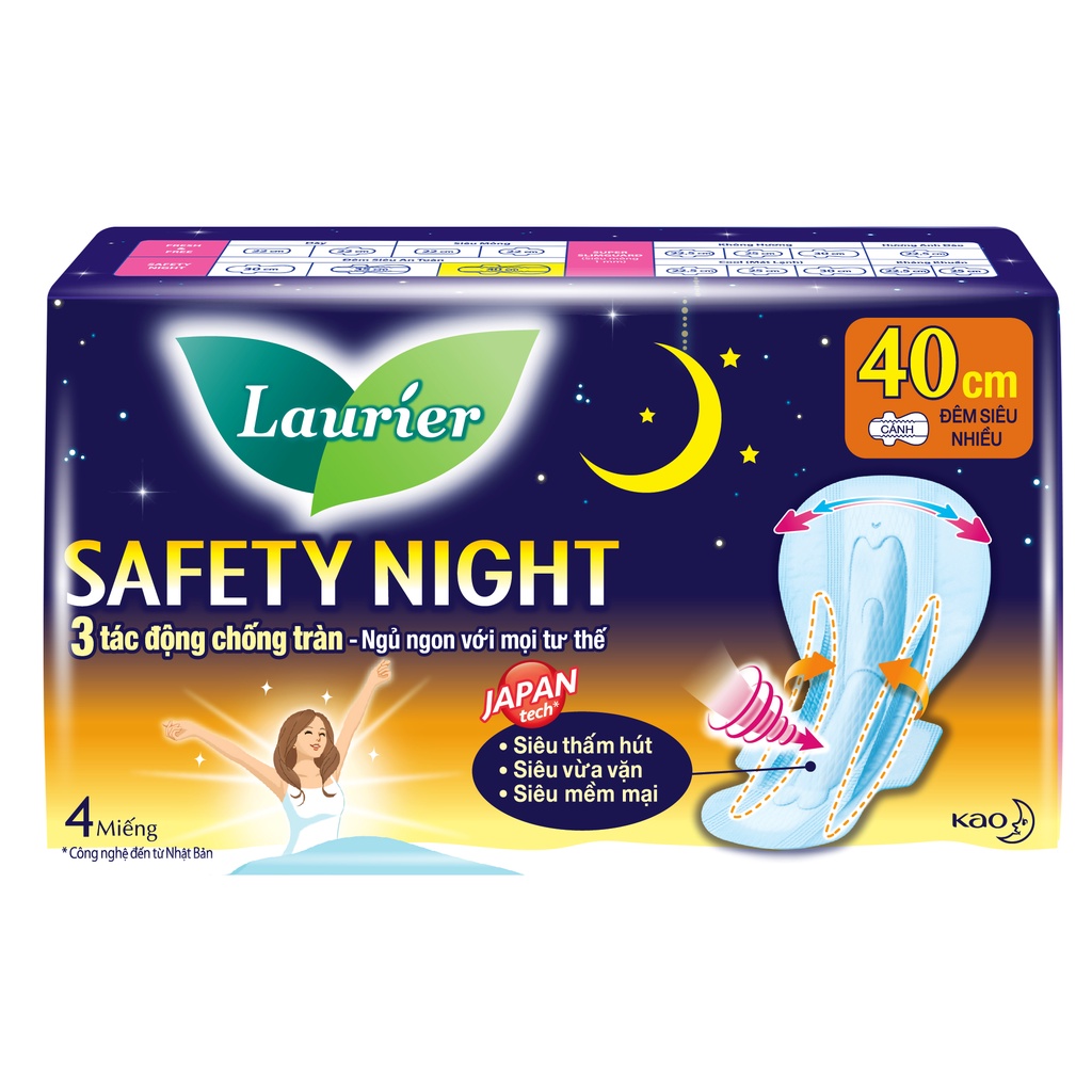 Băng Vệ Sinh Ban Đêm Laurier Safety Night chống tràn [40cm-4M] Nhập Khẩu Indo