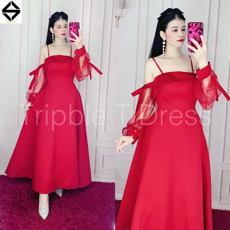 Đầm xoè rớt vai hai dây phối tay lưới có nơ tay chất lụa taffeta TRIPBLE T DRESS - size M/L - MS354V