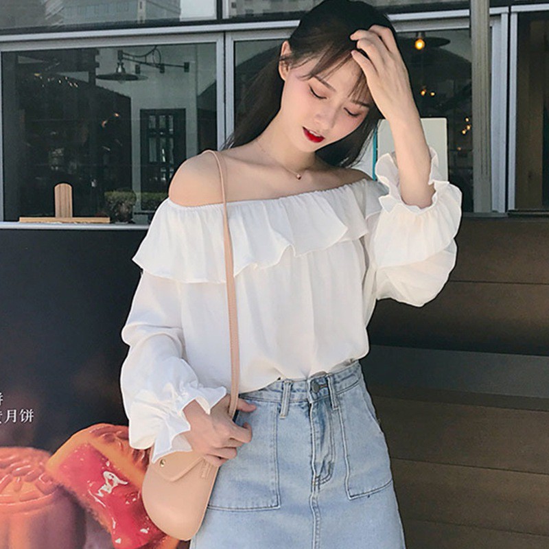 Áo chiffon tay dài trễ vai màu trơn dễ phối đồ thời trang xinh xắn cho nữ | WebRaoVat - webraovat.net.vn