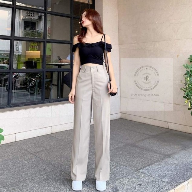 Quần ống rộng lưng cao nữ vải mềm khóa trước công sở màu đen trơn dáng dài - Quần tây ống suông nữ cạp cao đi học sinh