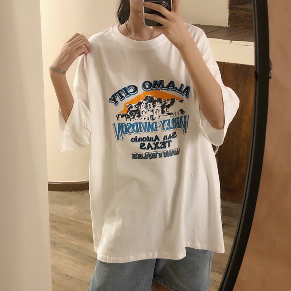 NRVP Áo thun tay ngắn cổ tròn mềm mại in họa tiết phong cách Hàn Quốc thời trang cho nữ