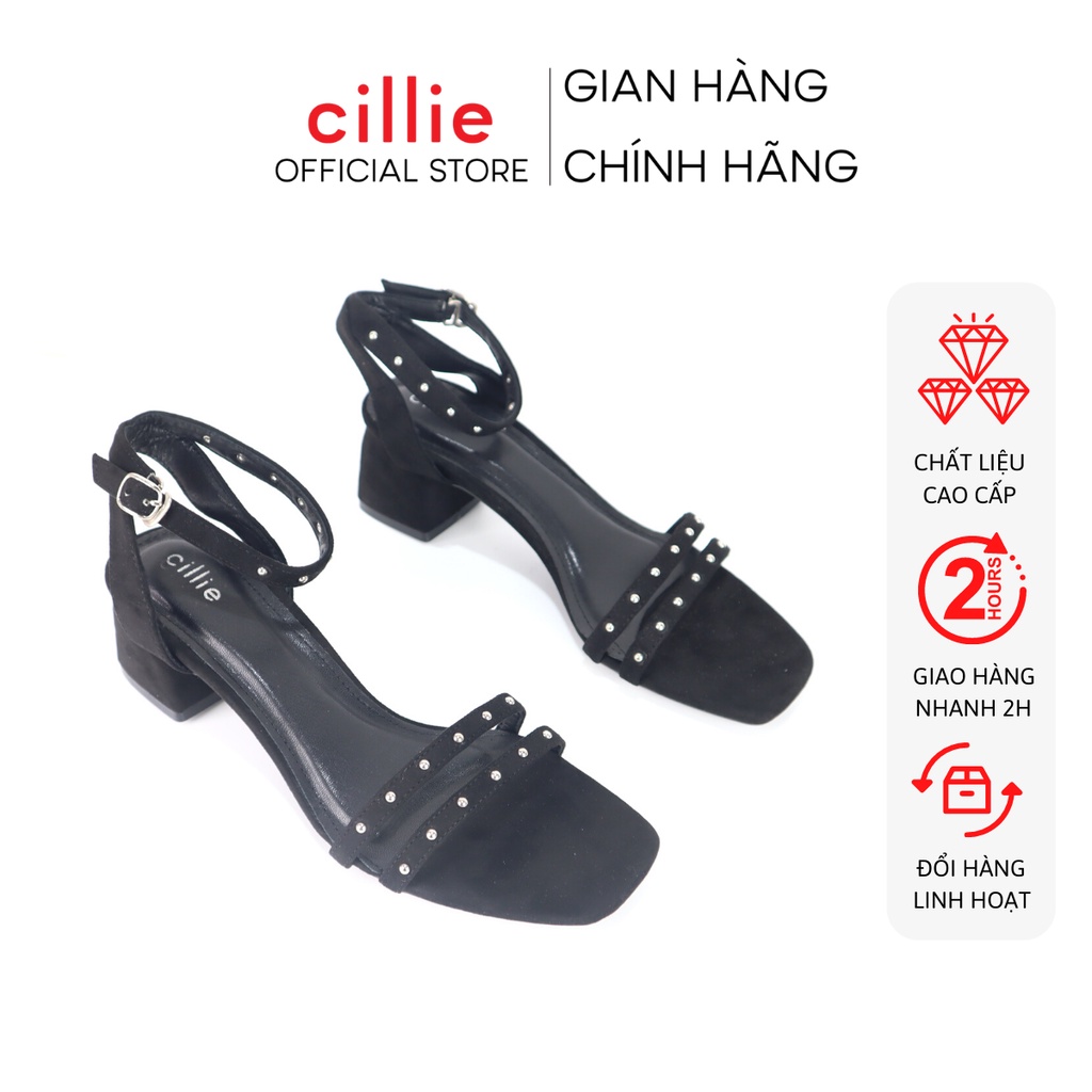 Giày sandal nữ quai ngang basic tán đinh cá tính mới lạ gót vuông 5cm Cillie 1058