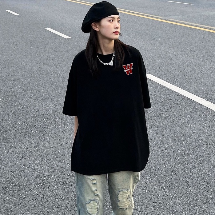 Áo phông rộng nữ W vintage cổ tròn đen áo unisex áo thun tay lỡ 100% cotton