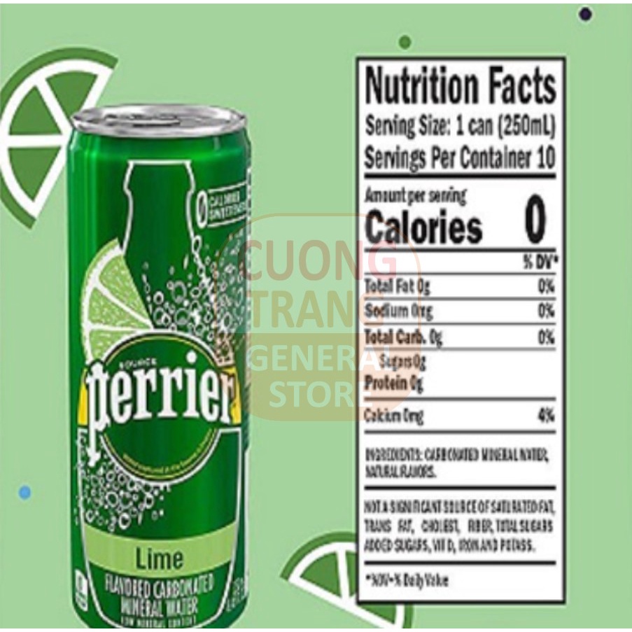 Nước giải khát sản xuất từ nước khoáng Perrier, hương chanh vàng, hương chanh xanh, hương đào 250ml