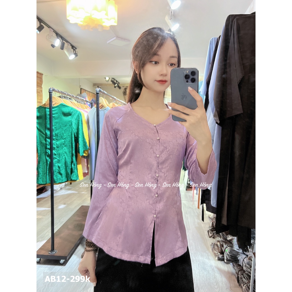Áo màu Tím lụa gấm Hàn Châu # Đồ Phật tử lụa cao cấp # bà ba vân gấm hoa sen cúc ngọc xinh xắn AB12 Tím