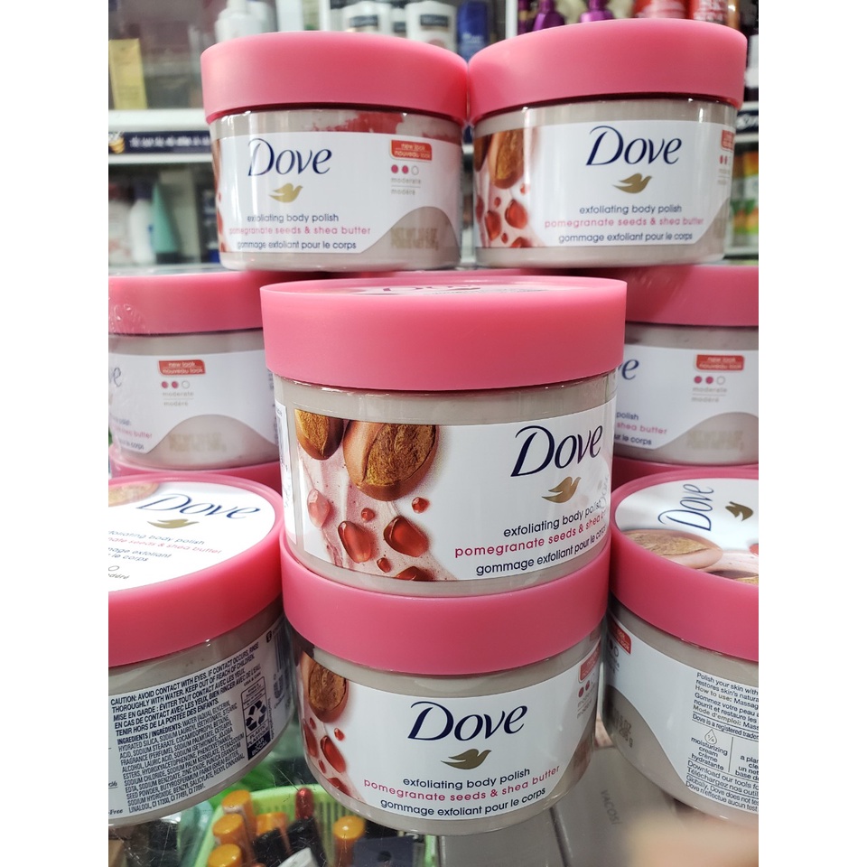 Tẩy tế bào chết Dove Exfoliating Body Polish Scrub 298g - HẠT MỠ VÀ HẠT LỰU