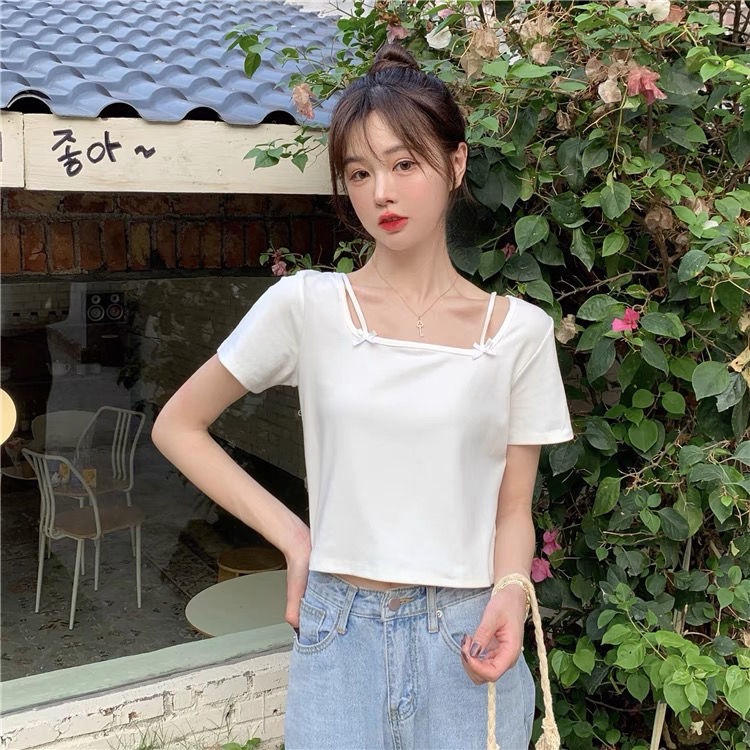 Áo Thun Ngắn Tay Cổ Vuông Đính Nơ Thời Trang Mùa Hè 2022 Phong Cách Hàn Quốc Cho Nữ