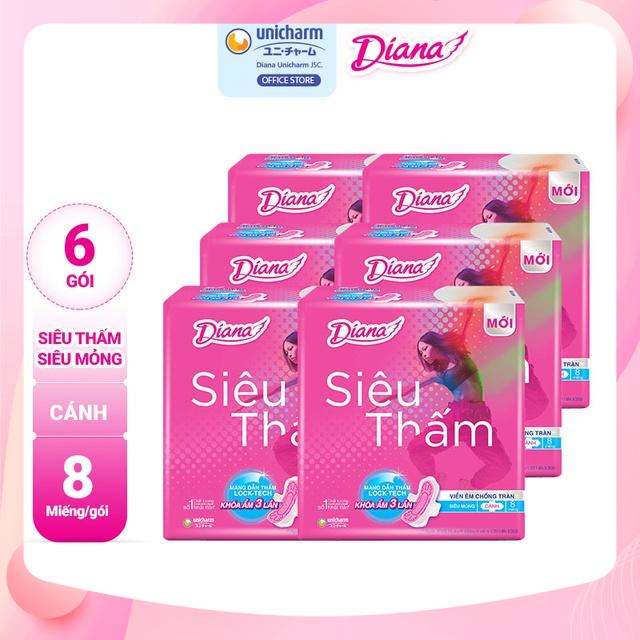 Bộ 6 gói Băng vệ sinh Diana siêu thấm  siêu mỏng cánh gói 8 miếng, băng vệ sinh diana smc cho phụ nữ 1 gói 8 miếng