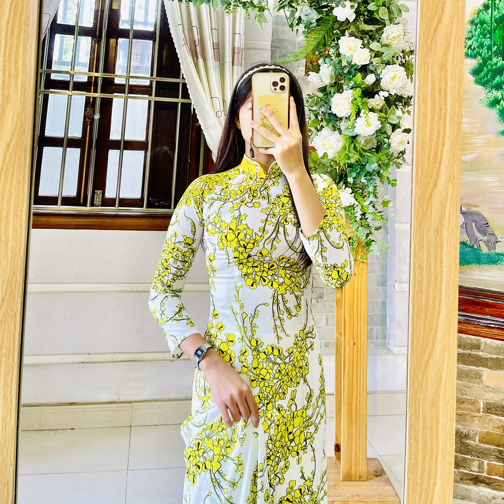 Áo dài hoa mai vàng tươi - Áo xanh tím hoa cực sang