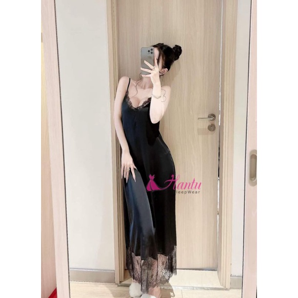 Đầm ngủ lụa dáng dài phối ren gấu Hantu Sleepwear đủ size 40 -100kg nhiều màu sắc | BigBuy360 - bigbuy360.vn