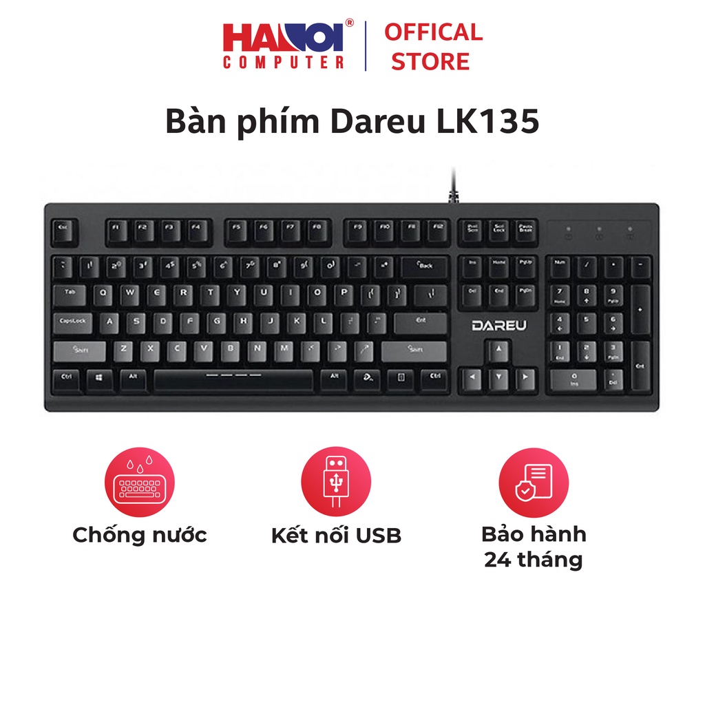 Bàn phím Dareu LK135 USB Black, chuẩn kết nối USB, chống bụi, chống nước