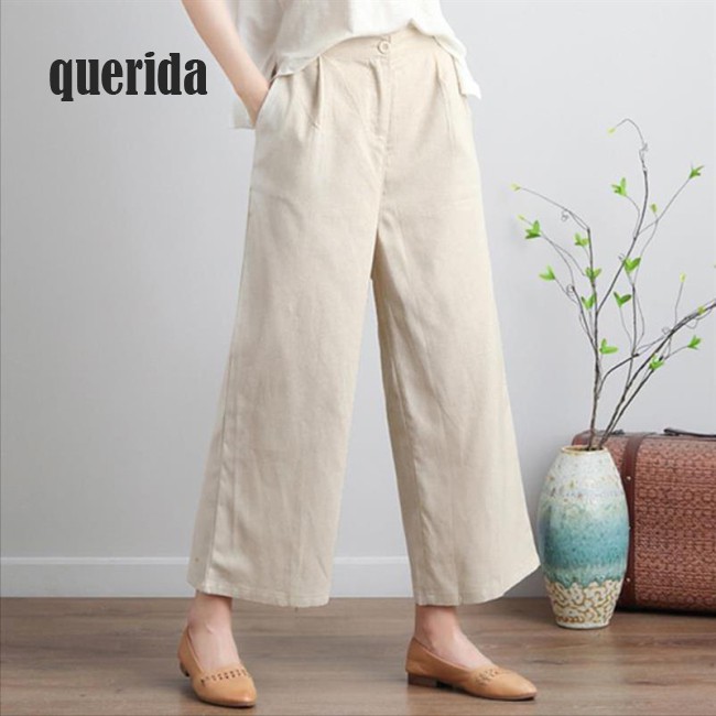 Quần Cotton Linen Ống Rộng Trơn Màu Xinh Xắn Dành Cho Nữ | BigBuy360 - bigbuy360.vn