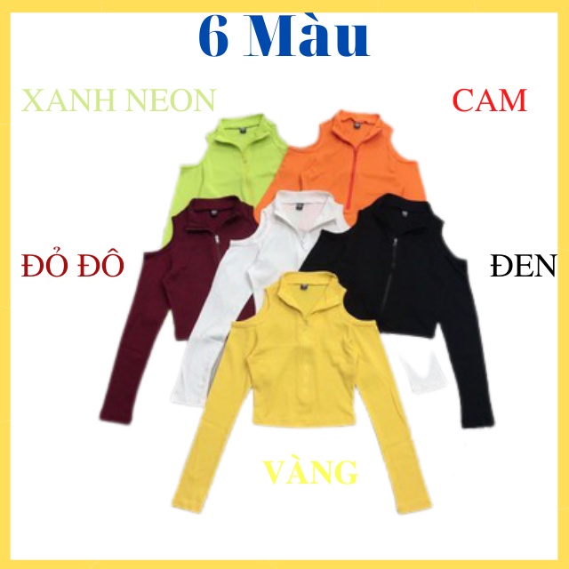 Áo Croptop Nữ Hở Vai Tay Dài Dây Kéo Cổ Lọ, Áo Crt Thun Gân Nữ Khoét Vai Dài Tay Cổ Cao Kiểu ÔmFreesize
