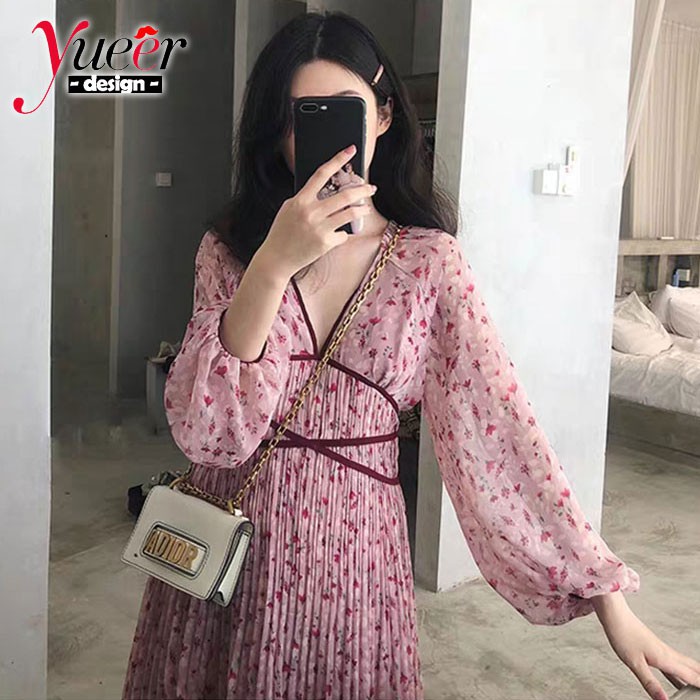 Đầm Voan Hoa Dài Qua Gối Cổ Chữ V Size S-4Xl