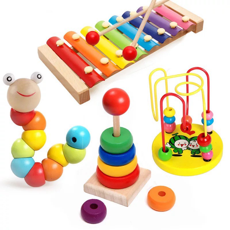 Combo Đồ Chơi Giáo Dục Bằng Gỗ BR04S Cho Trẻ, Đàn Xylophone- Tháp- Luồn Hạt- Sâu Gỗ