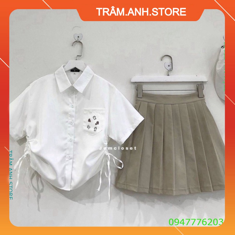 💝👗 KOREA ÁO SƠ MI TRẮNG RÚT 2 BÊN HÔNG NỮ - Áo croptop sơ mi dây rút eo KOS Đen Trắng Túi Ngực Hình Thỏ 👑