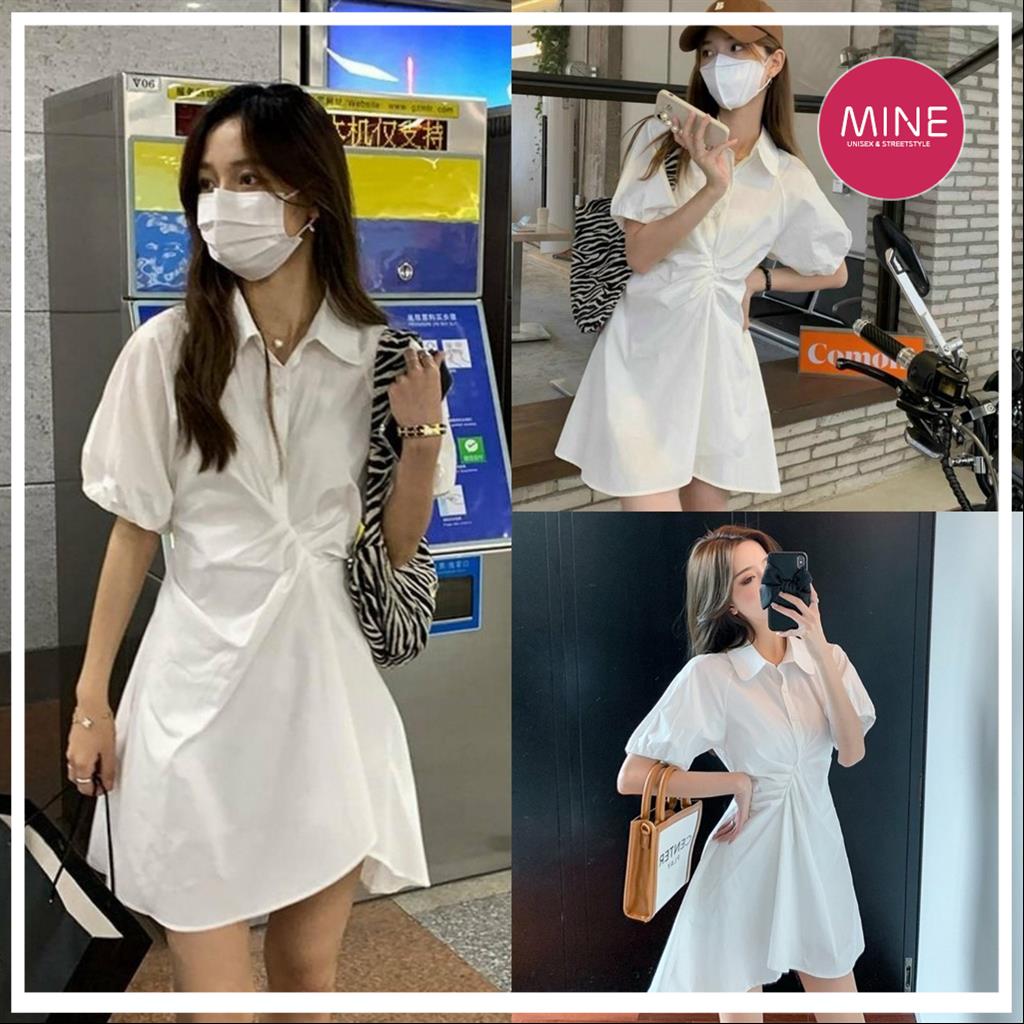 Đầm Sơ Mi Trắng Nữ Nhúm Trước Tay Bo Dáng Lỡ Vải Thô dưới 60kg - Váy Nữ Cộc Tay Q087 MSP32337 MSP73775