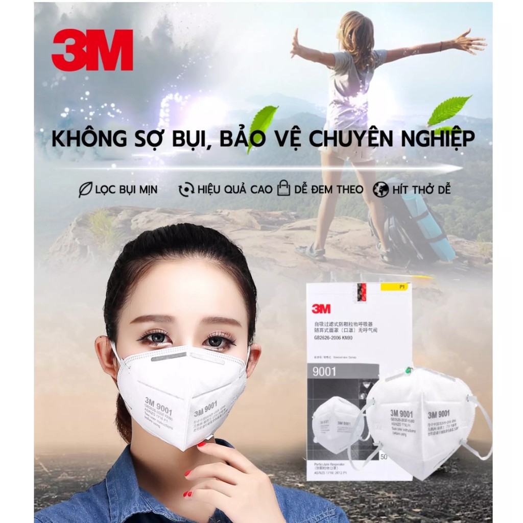 Khẩu trang chống bụi mịn 3M 9001A khẩu trang lọc bụi PM2.5 cơ chế lọc vải không dệt cùng màng lọc tĩnh điện 4.9