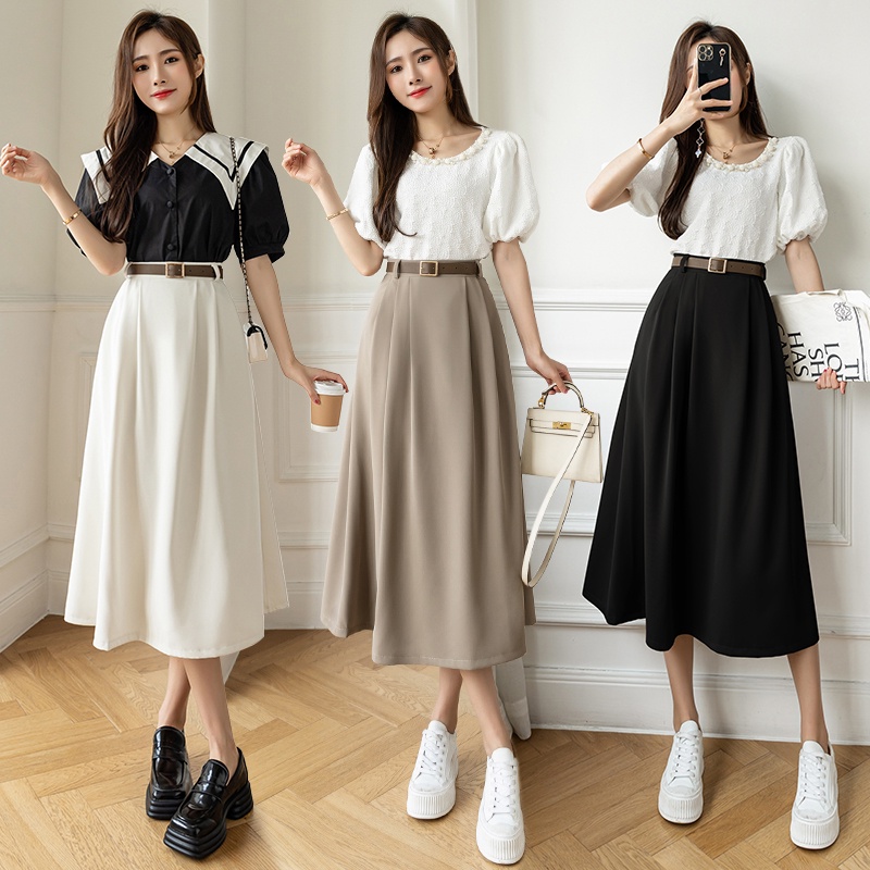 Chân Váy Dài Eo Cao Phối Thắt Lưng Phong Cách Cổ Điển Thanh Lịch Cho Nữ
