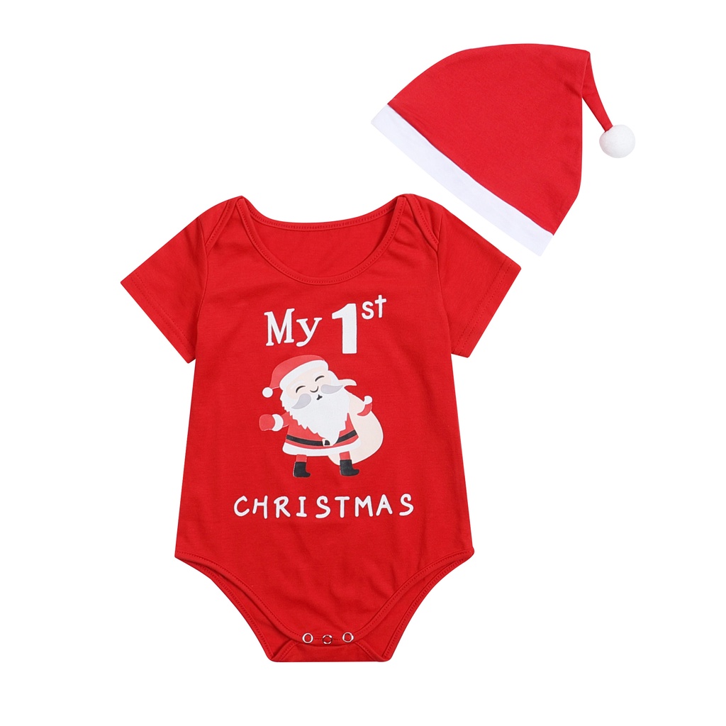 Set Đồ Giáng Sinh 2 Món Gồm Áo Liền Quần Tay Ngắn Cổ Tròn In Họa Tiết + Mũ Đính Bóng Lông Cho Bé Sơ Sinh