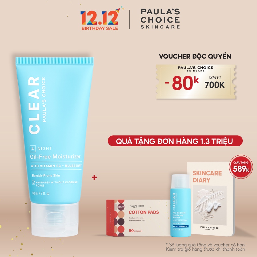 Kem Dưỡng ẩm dịu nhẹ không chứa dầu dành cho da mụn Paula's Choice Clear Oil -Free Moisturizer full size 60ml Mã: 3800