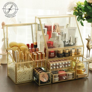 Set tủ đựng đồ trang điểm thủy tinh khung gold kim loại cứng cáp
