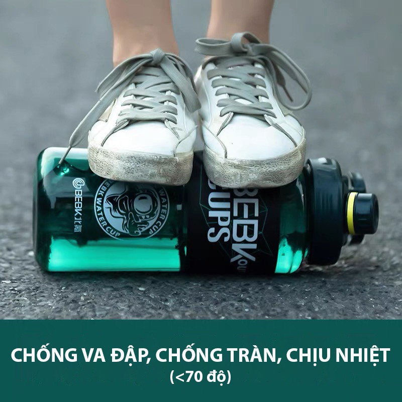 Bình nước thể thao, bình đựng nước nhựa có ống hút tập gym cao cấp 2300ml BEBK CUPS