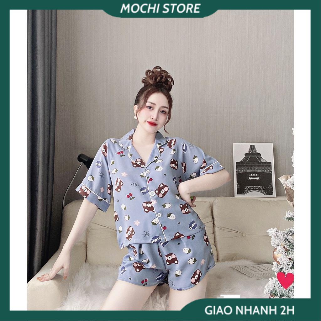 Bộ Ngủ Pijama, Đồ Lụa Mặc Nhà Áo Tay Ngắn Phối Hoa Văn Quần Sọc Chất Lụa Satin Màu Trơn, Nhiều Màu Form Dáng Rộng Rãi Th