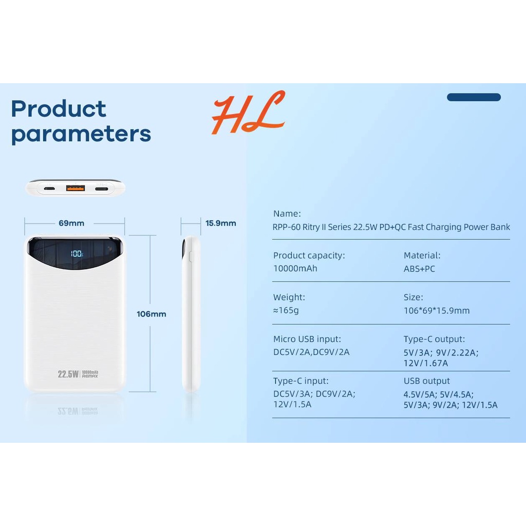 Pin Dự Phòng Mini Remax RPP-60 10000mAh (Sạc Nhanh QC3.0, VOOC 22.5W, Type-C PD20W) - Hưng Long PC