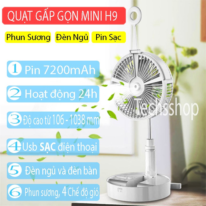 Quạt Phun Sương Mini Gấp Gọn Để Bàn Pin Sạc 7200mAh Có Đèn Ngủ - Quạt Xếp Gọn Tùy Chỉnh Độ Cao H9