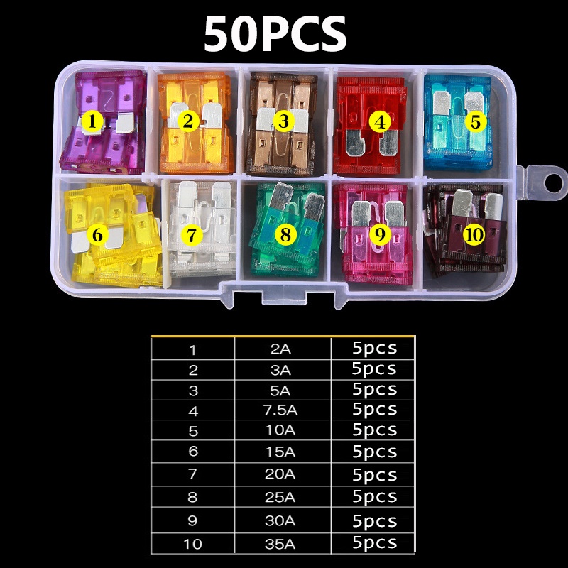 Set 50 Cầu Chì 2-35A Kèm Hộp Đựng Dành Cho Ô Tô / Xe Tải