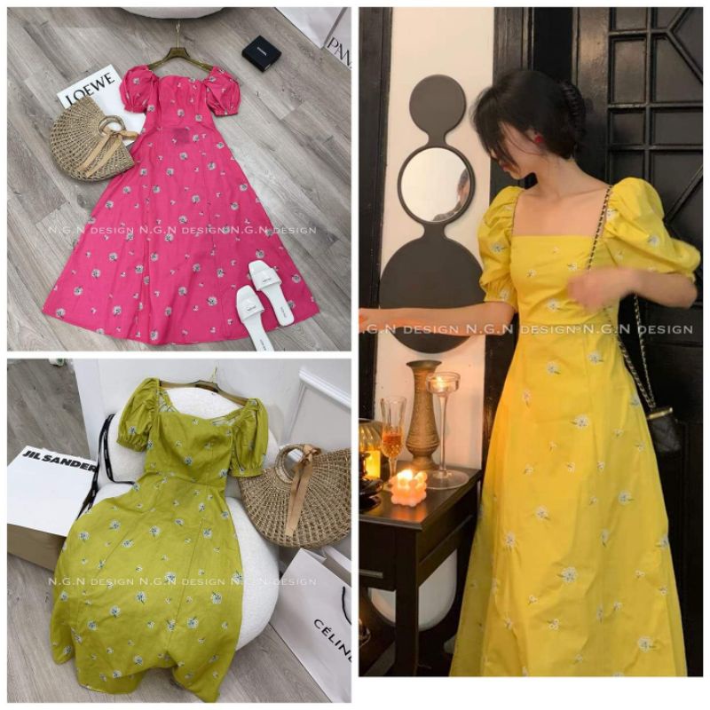 Váy hoa cổ vuông nơ lưng