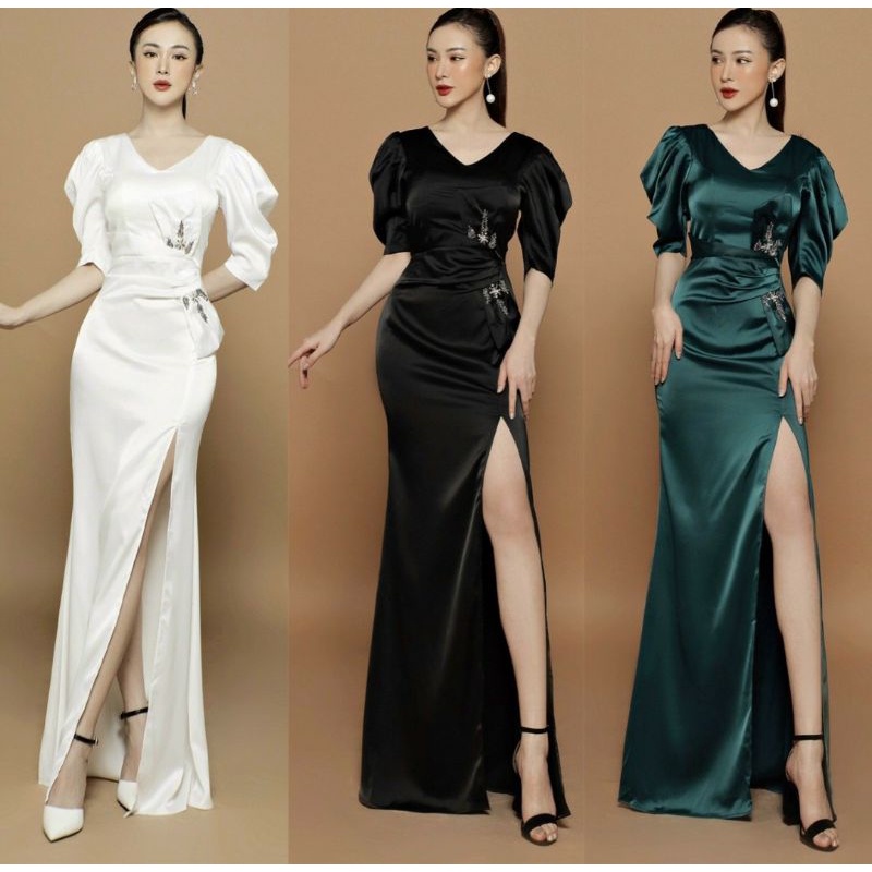 ĐẦM LỤA DẠ HỘI TAY PHỒNG XẺ TÀ CỰC SANG BAO CHẤT