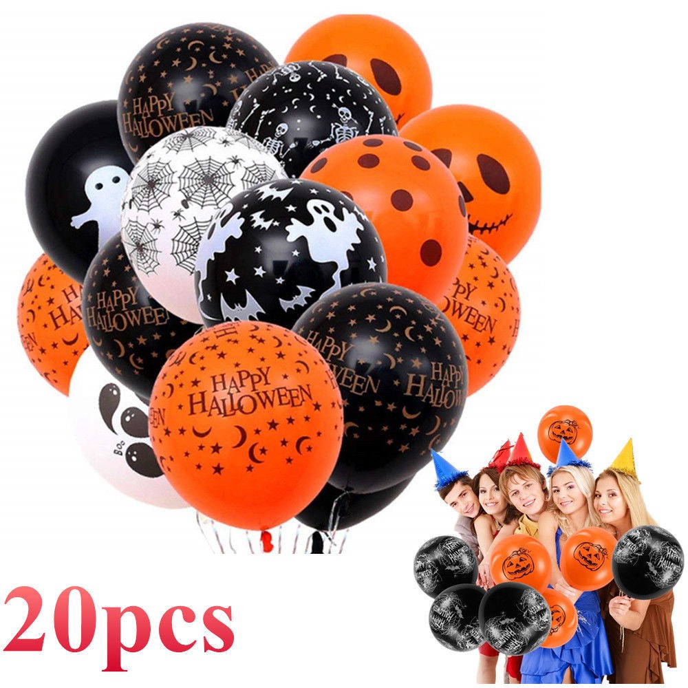 Set 20 bong bóng họa tiết mạng nhện và quả bí ngô trang trí halloween