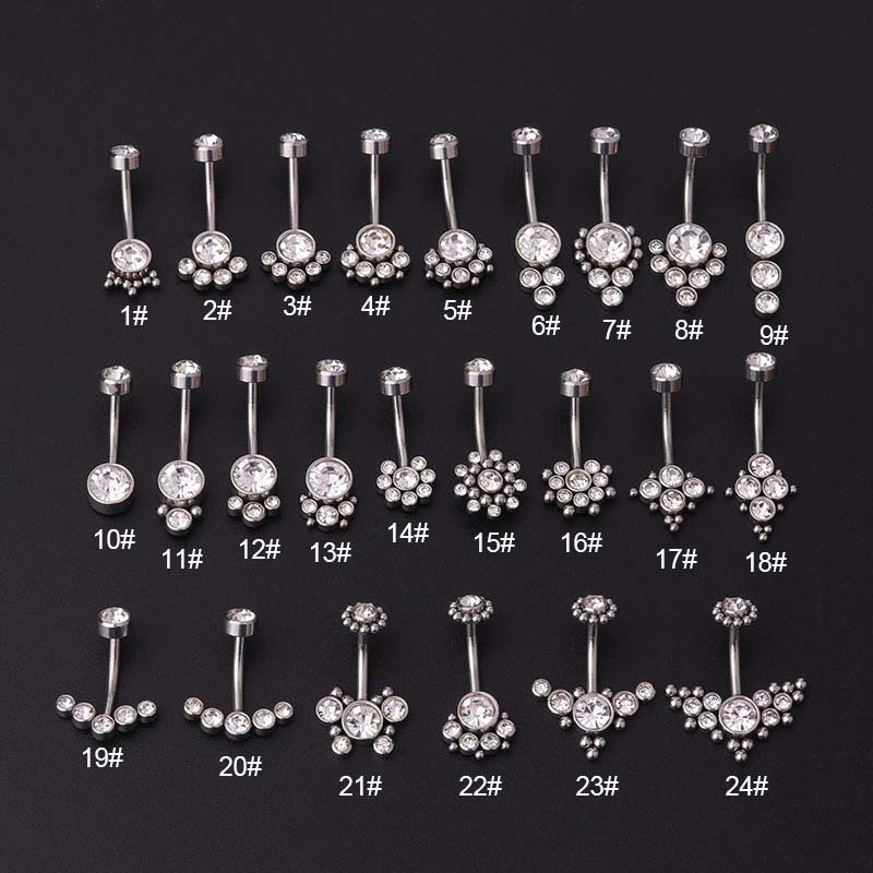 Khuyên xỏ rốn thanh cong 14gauge bằng thép không gỉ đính đá giả kim cương