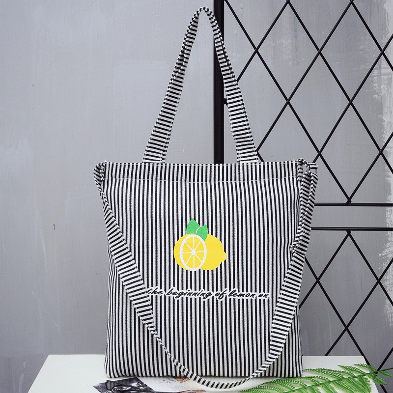 Túi Vải Tote Kẻ Sọc Trái Chanh Có Dây Đeo P914