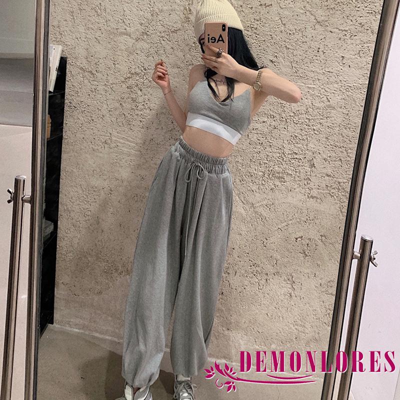 Bộ Áo Hai Dây Hở Lưng + Quần Dài Eo Cao Dáng Rộng Thời Trang Cho Nữ