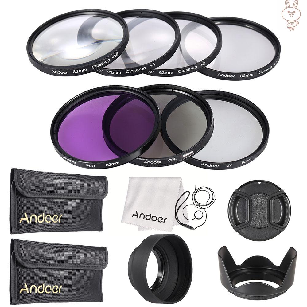 OL Andoer 62mm UV + CPL + FLD + Close-up(+1+2+4+10) Lens Filter Kit with Carry Pouch + Lens Cap + Lens Cap Holder + Tulip & Rubber Lens Hoods + Lens Cleaning Cloth