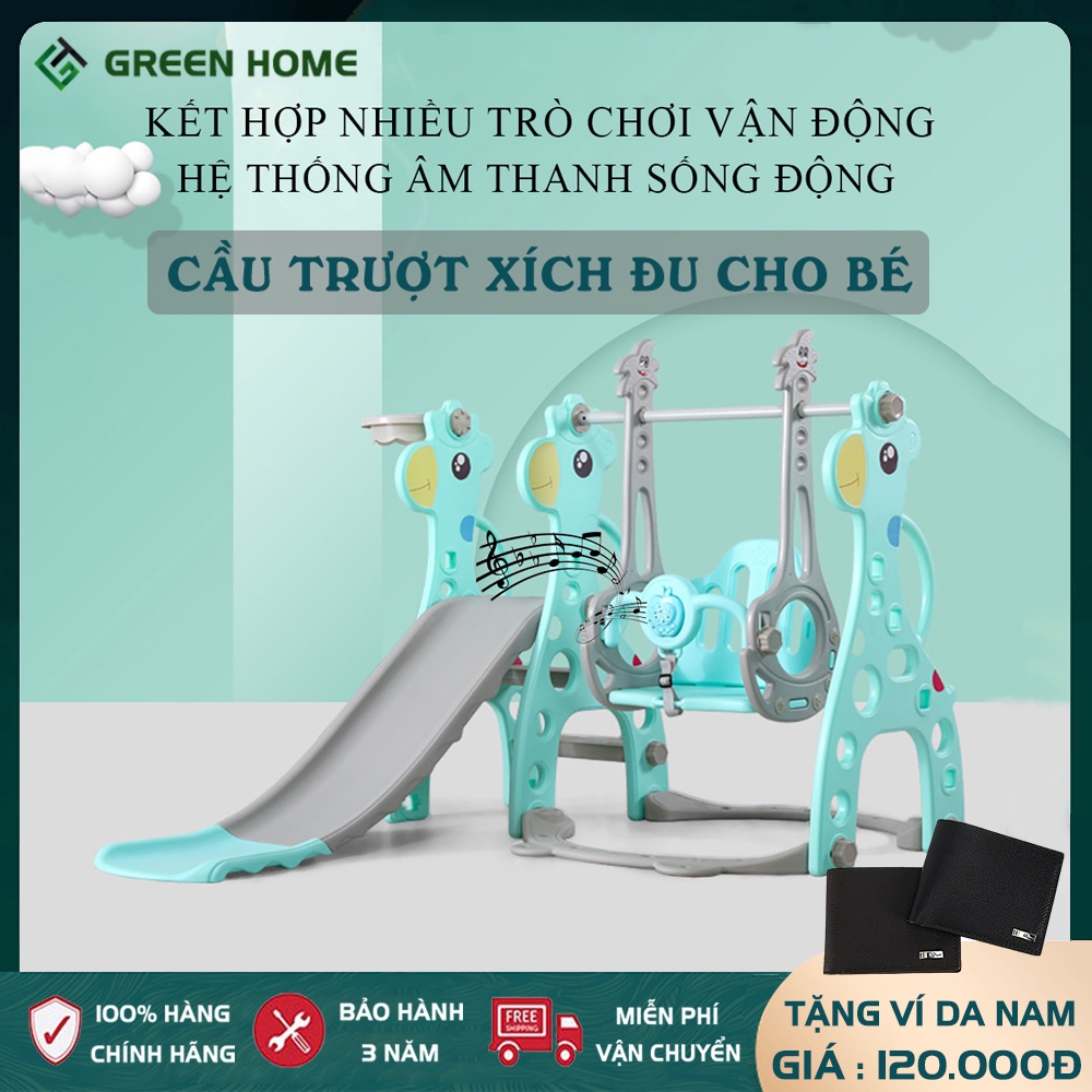 Cầu trượt xích đu cho bé kèm máy phát nhạc và bộ bóng rổ, thiết kế an toàn siêu chịu lực - Bảo hành 2 năm